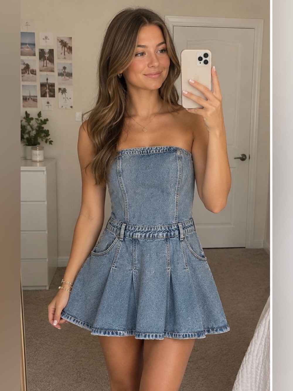 Zara Light Blue Denim Strapless Dress